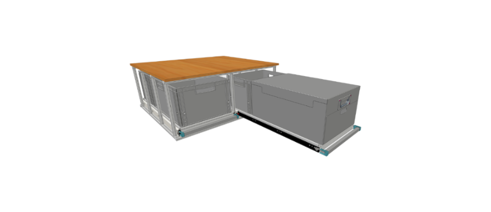 Technische Zeichnung für einen doppelten 90 cm Auszug mit Deckplatte für die MOKUBO mobile Küchenbox.