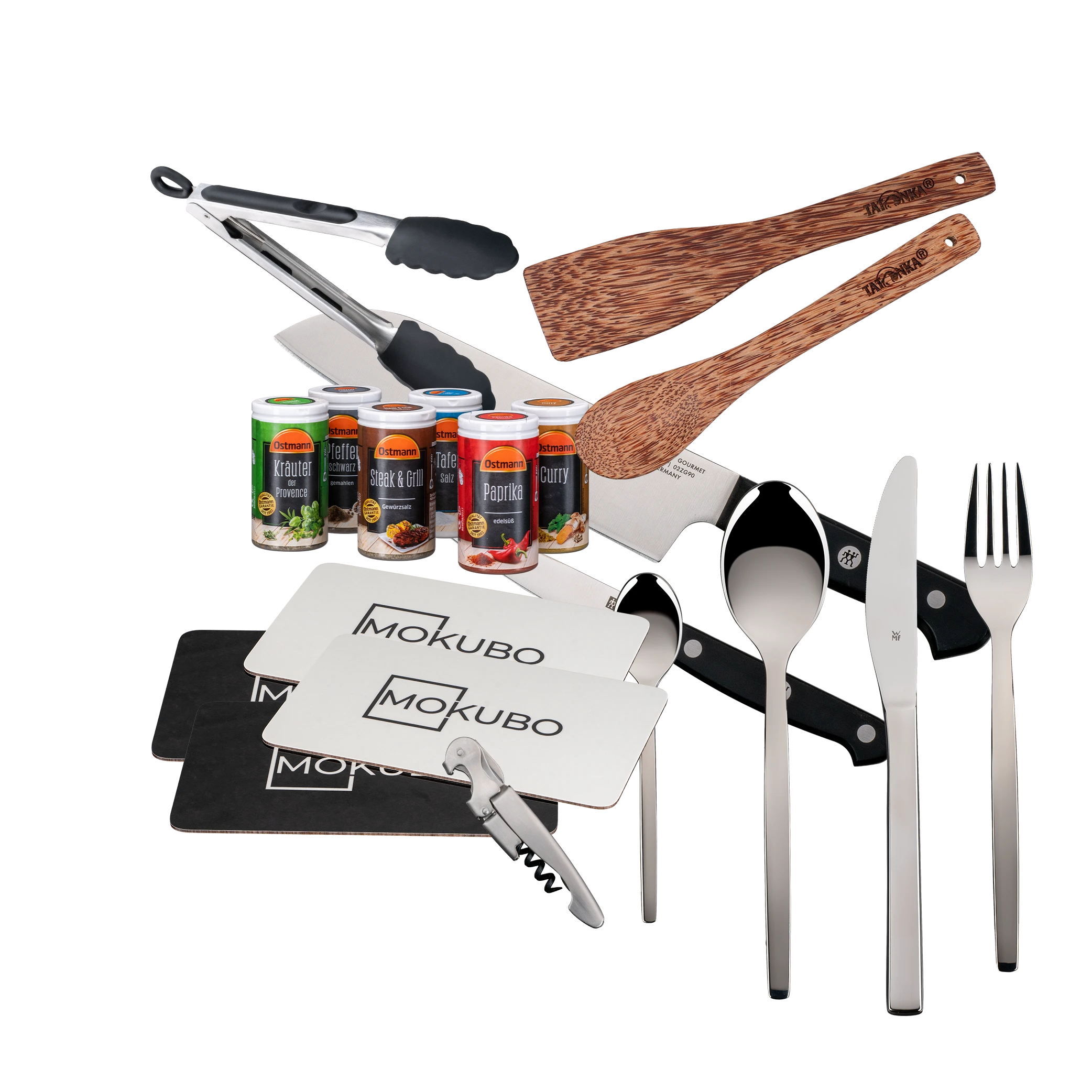 Weitere Inhalte der MOKUBO, wie z.B. WMF Besteck, Grillzange, Brettchen, Zwilling Messerset und andere